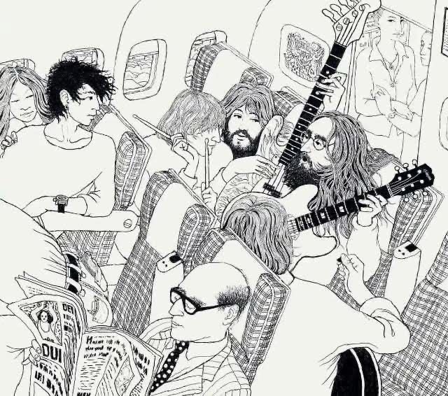 飛行機内でのリハーサルの様子をKlaus Voormannはイラストで描いてる
